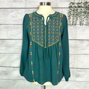 Savanna Jane Top Embroidered Aztec Western Boho Peasant Long Sleeve Shirt Small